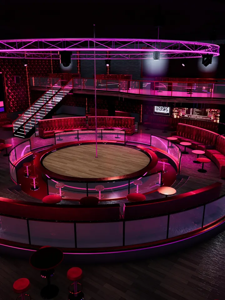 Scarlett Room — Unholy, a VRChat club world: a round stage ringed by red booths under a pink lighting truss