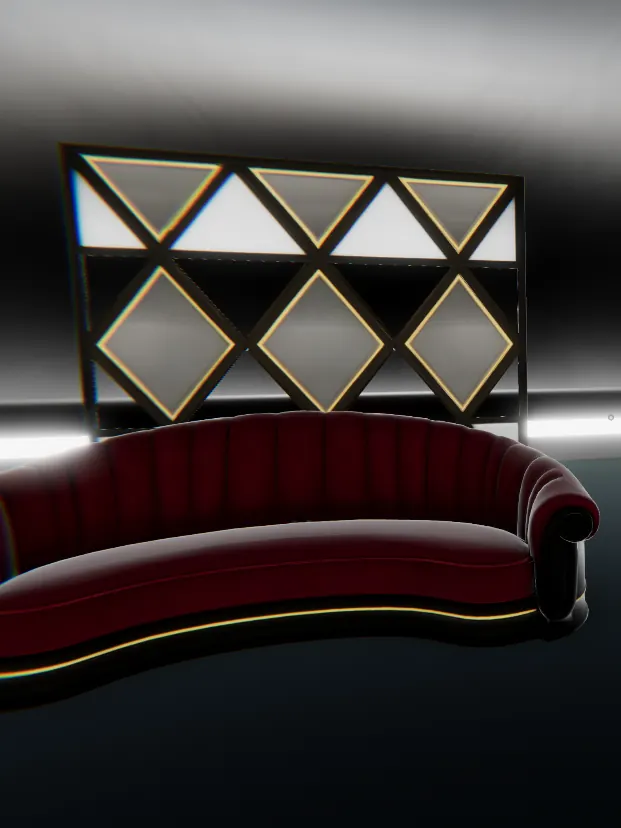 Velvet Noir VIP Lounge Pack, VRChat world furniture: a curved red velvet sofa under diamond-panel screens in a dark room