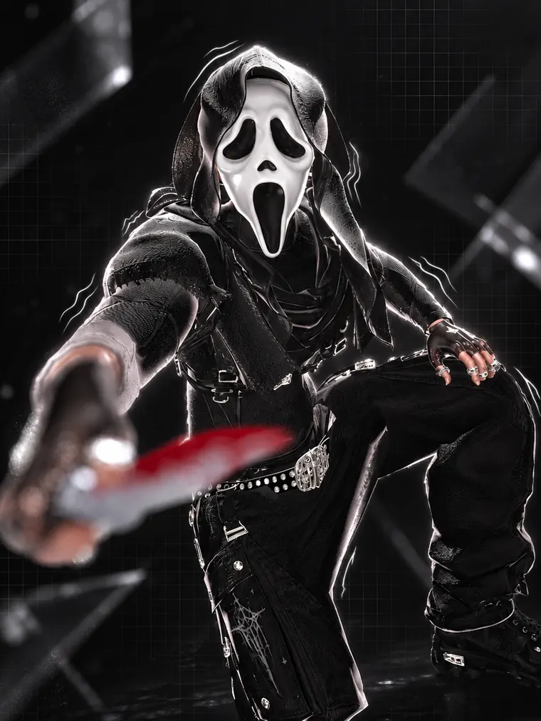 Ghost VRChat avatar crouched in a black hood and white mask, pointing a bloodied knife at the viewer