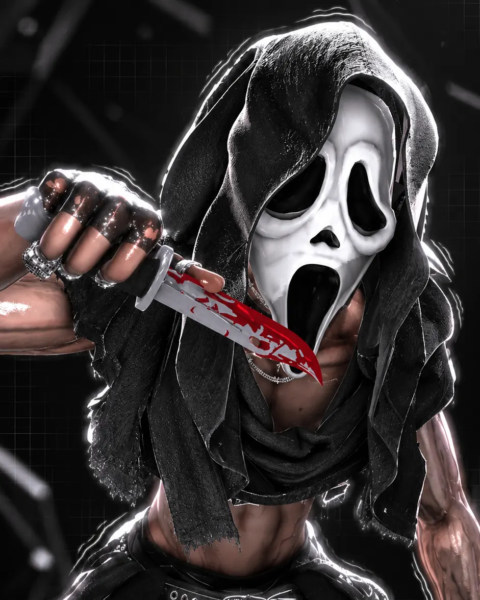 Ghost, a VRChat avatar for PC by davysh: a hooded figure in a white screaming mask, holding a bloodied knife to the mask’s mouth