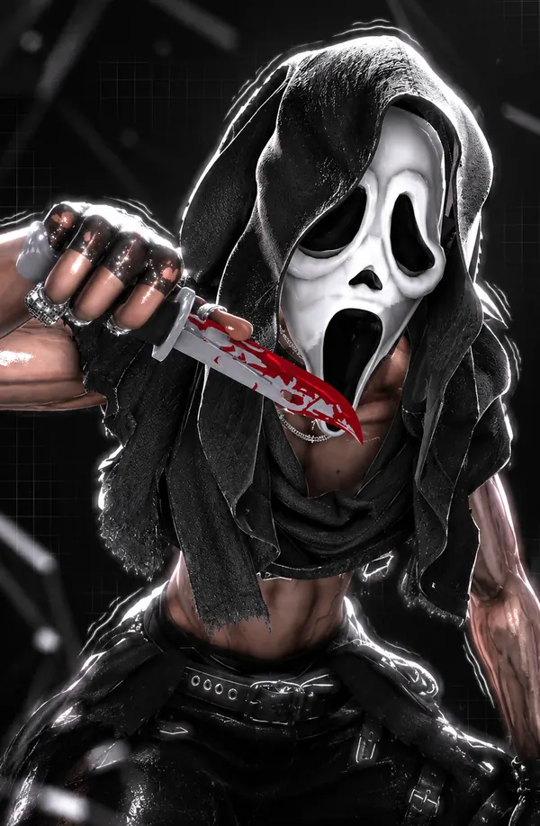 Ghost, a VRChat avatar for PC by davysh: a hooded figure in a white screaming mask, holding a bloodied knife to the mask’s mouth