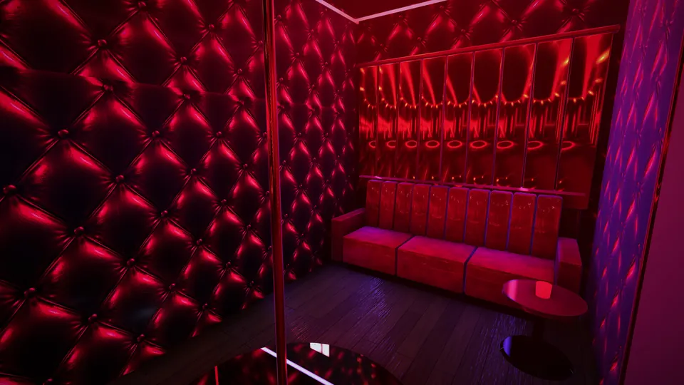 Scarlett Room — Unholy VRChat club world: a private room lined in red tufted leather with a low booth