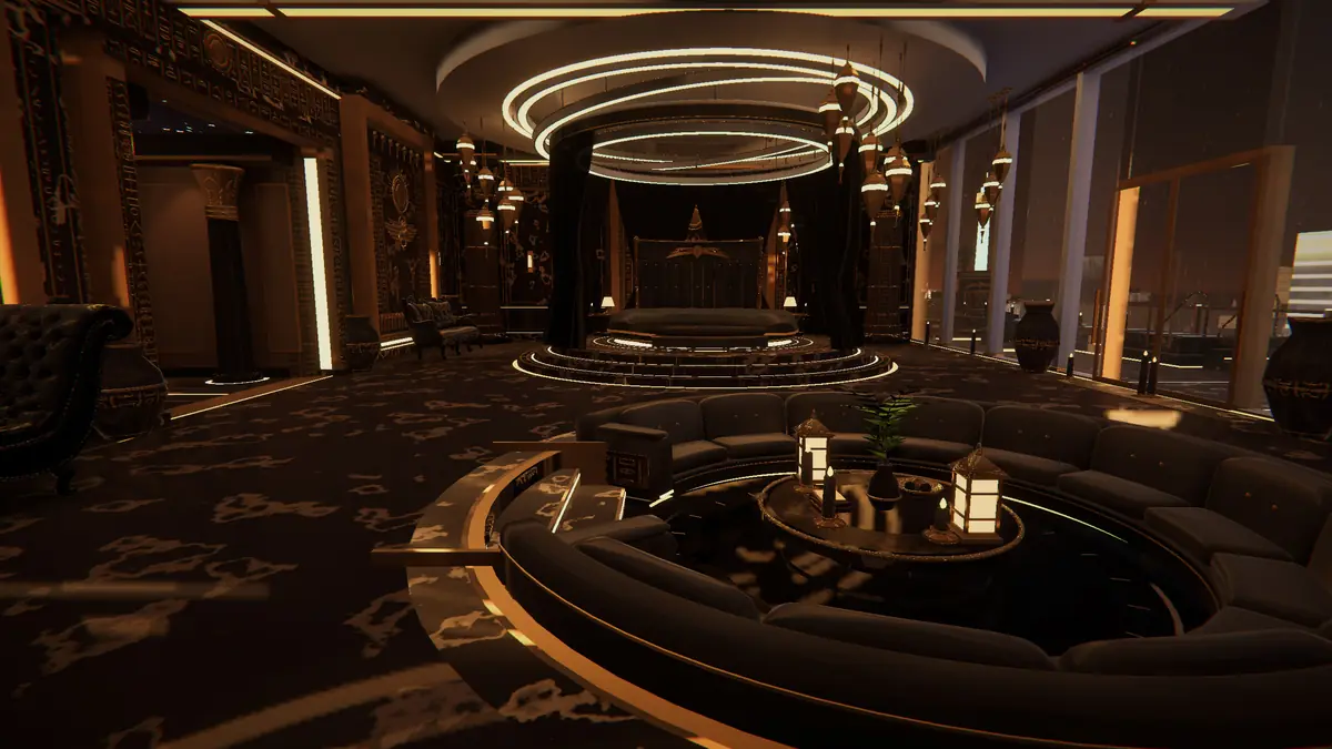 Suite Nile VRChat penthouse world: a gold-lit Egyptian penthouse with a sunken lounge in the foreground, a ring-lit bed on a raised dais and hieroglyph-carved walls, city lights through the glass